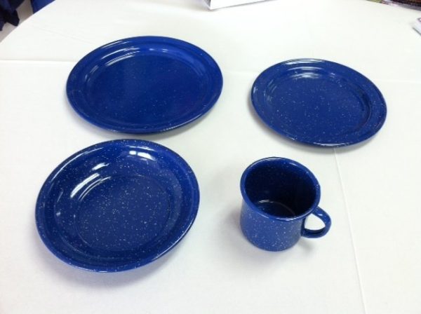blue enamel metal tableware rental
