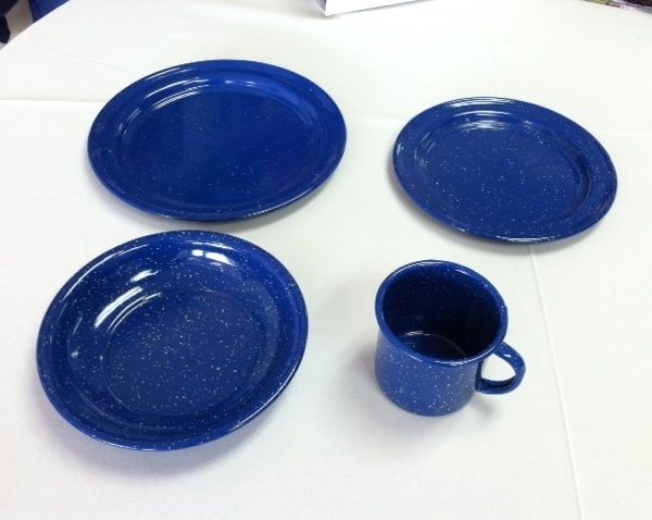 blue enamel metal tableware rental