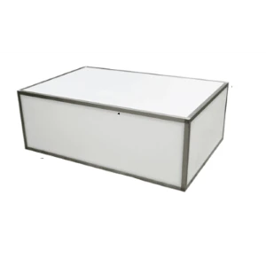 White rectangular storage box with metallic frame and smooth panel design for event equipment.