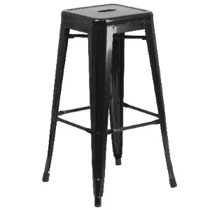 Black metal industrial-style Tolix bar stool with square seat and tall legs for modern event seating.