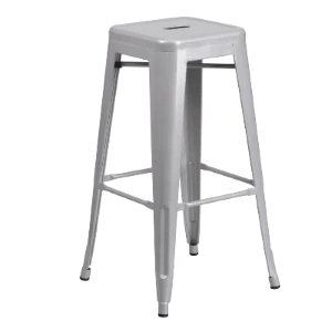 Gray metal industrial-style Tolix bar stool with square seat and riveted construction.