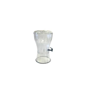 Clear glass beverage dispenser with metal spigot for event drink service.