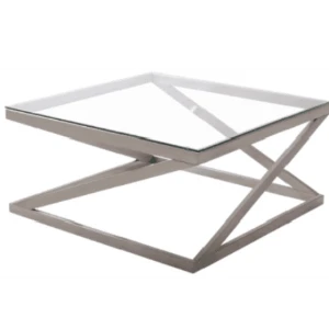 Metallic gray X-frame coffee table with glass top and modern geometric design.