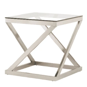 Modern geometric side table with light beige X-frame base and glass top surface.