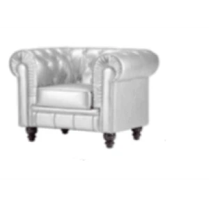 White leather Chesterfield armchair with tufted button details and rolled arms.