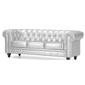 Silver metallic leather Chesterfield sofa with tufted buttons and rolled arms for event seating.