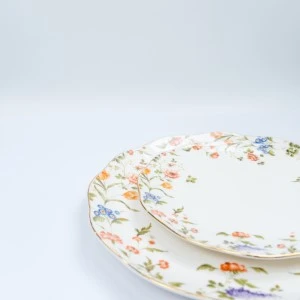 Delicate floral china plates with pastel blue, pink, and green flowers on white ceramic surface.
