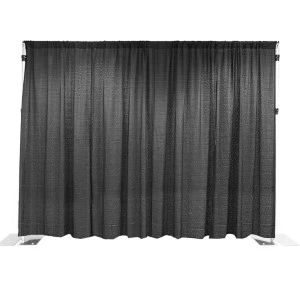 Dark gray pipe and drape backdrop with pleated fabric for event stage or photography.