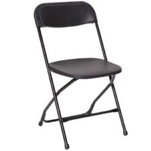 Black folding chair with metal frame and padded seat for event and conference seating.