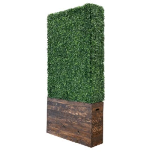 Tall green boxwood hedge wall with rustic wooden base for event backdrop rental.