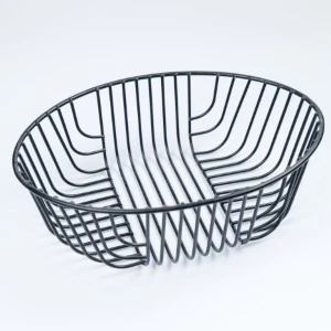 Black wire mesh decorative basket with geometric curved lines and open design.