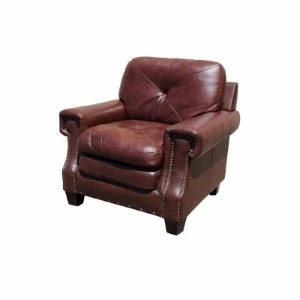 Rich mahogany leather armchair with tufted back and rolled arms for event seating.