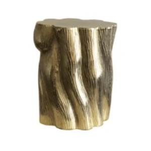 Gold metallic sculptural side table with twisted, organic wood-like texture and flowing design.
