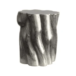Metallic silver sculptural side table with organic wavy wood grain texture and curved silhouette.