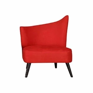 Bright red modern accent chair with asymmetrical back and slim black wooden legs.