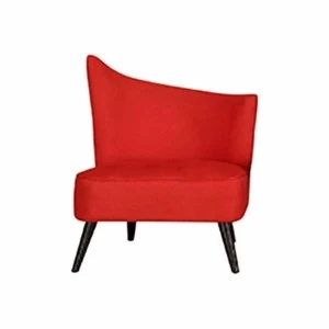 Bright red asymmetrical accent chair with curved back and black tapered legs.