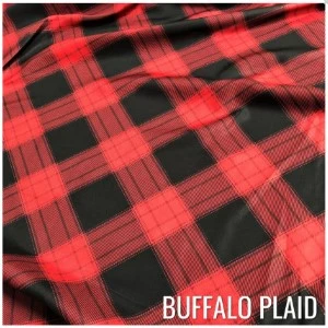 Buffalo plaid fabric in red and black with classic criss-cross pattern and wrinkled texture.