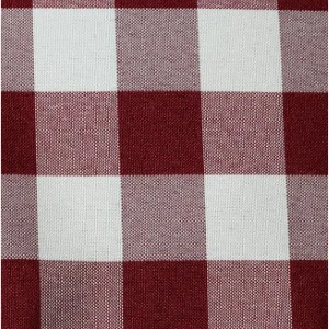 Burgundy and white buffalo check fabric with woven texture for rustic event linens.