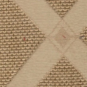 Beige textured fabric swatch with woven geometric diamond pattern and basket weave texture.