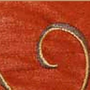 Curved golden-edged detail on deep red textured background, possibly fabric or surface.