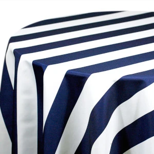 Navy blue and white striped rectangular tablecloth with bold, alternating vertical stripes for event rentals.