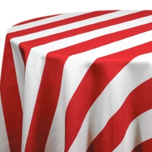 Red and white striped rectangular tablecloth with bold diagonal fabric pattern for event rentals.