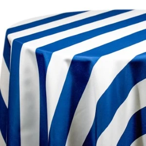 Blue and white striped rectangular tablecloth with bold vertical satin fabric stripes.