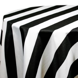 Black and white striped stretch tablecloth with bold, alternating vertical stripes.