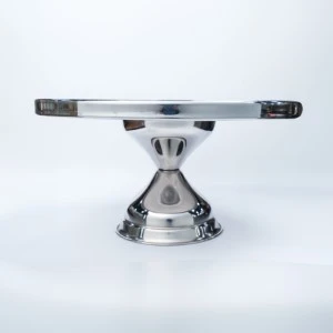 Stainless steel pedestal stand with hourglass base and horizontal platform for display.