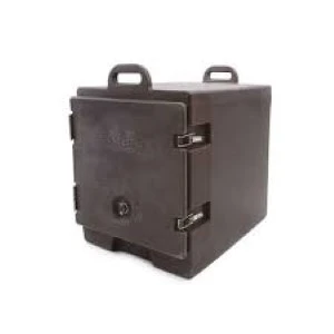 Dark gray insulated food carrier with side handles for catering and event transport.
