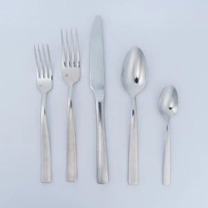 Silver stainless steel flatware set with five pieces including forks, knives, and spoons.