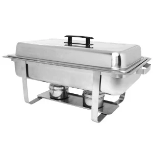Stainless steel rectangular chafing dish with lid and fuel holder for catering and buffet service.