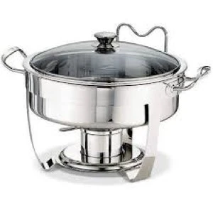 Stainless steel chafing dish with glass lid and sturdy handles for catering and buffet service.