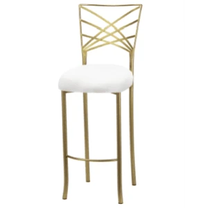 Gold metal barstool with geometric backrest and white upholstered seat for event rentals.