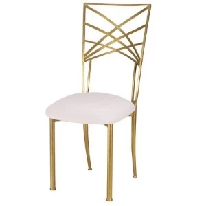 Gold geometric metal chair with delicate white cushioned seat for elegant event seating.