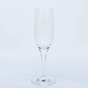 Tall, slender champagne flute glass with narrow stem and round base on white background.