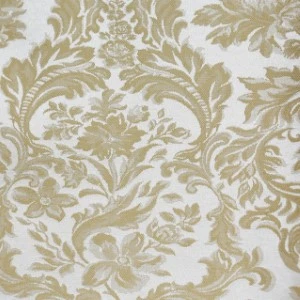 Soft gold floral damask fabric with intricate scrolling leaves and botanical pattern.