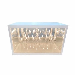 Crystal chandelier hanging inside a clear acrylic display case with soft lighting.