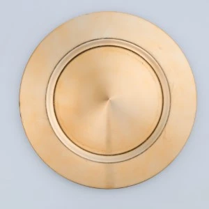 Gold metallic charger plate with concentric circular design and brushed metallic finish.