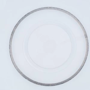White ceramic dinner plate with subtle gray rim and clean, minimalist design for elegant table settings.