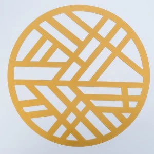 Yellow geometric circular logo with intersecting linear pattern in modern minimalist design.