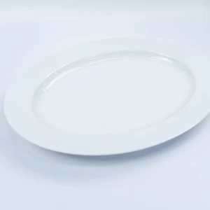 Plain white ceramic oval dinner plate with subtle rim on light background.