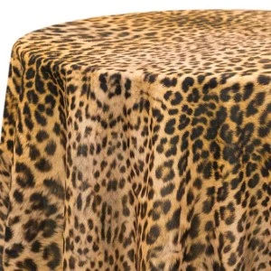 Leopard print tablecloth with realistic spotted fur pattern in golden brown and black tones.