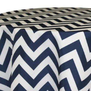 Navy blue and white chevron zigzag table linen with geometric print for event rentals.