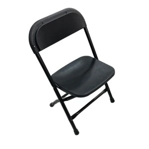 Black folding chair with metal frame and sturdy plastic seat for event seating rentals.
