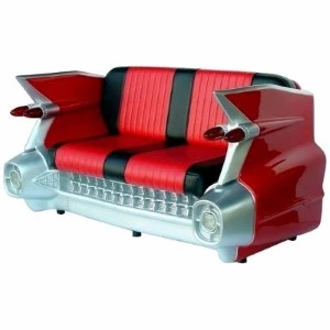 Red and black retro car-shaped sofa with chrome details and quilted upholstery for themed events.