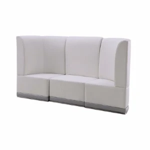Modular white lounge seating with clean lines and low-profile gray base for event spaces.