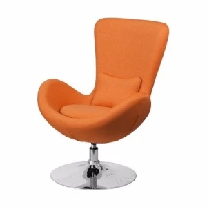 Bright orange swivel lounge chair with curved design and chrome round base.