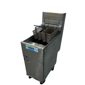 Stainless steel commercial deep fryer with two wire baskets for professional kitchen rentals.