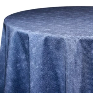 Blue textured velvet-like tablecloth with soft draping and elegant sheen for event rentals.